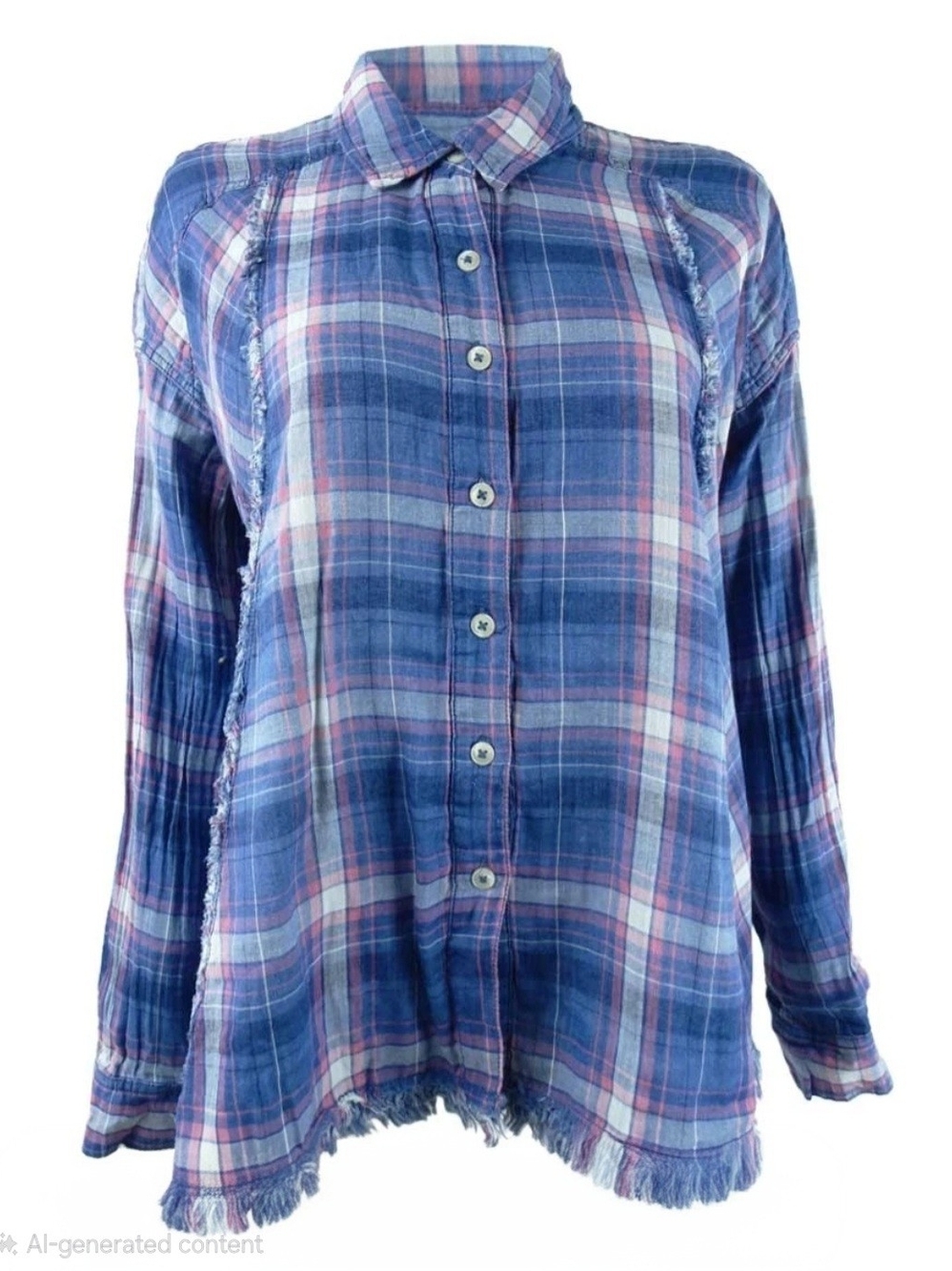 Free People (We The Free) Seeking Starlight Plaid Button Down Shirt Blue Pink